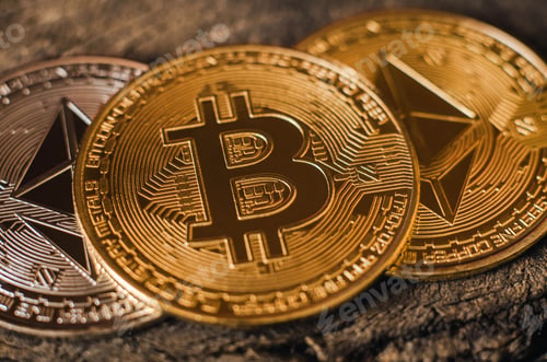 Preview: Bitcoin gold coin lies on Ethereum coins. World cryptocurrency