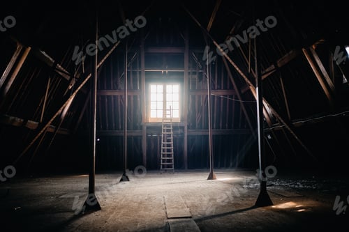 Preview: Ancient building attic with wooden columns and a small window in Roubaix, France