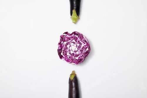Preview: top view of red cabbage and eggplants on white background