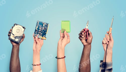 Preview: Hands holding digital component isolated on background