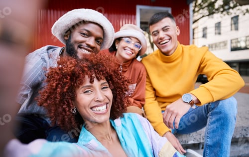 Preview: Friends, selfie and urban city with happy, gen z and smile of university students for social media.