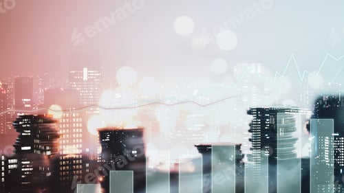 Preview: Double Exposure Of City View , Diagram Bar And Line Graph , Rows Of Coins For Finance , Money