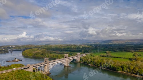 Preview: Aerial view of Pont Britannia Bridge across Menai Strait in Pentir, United Kingdom