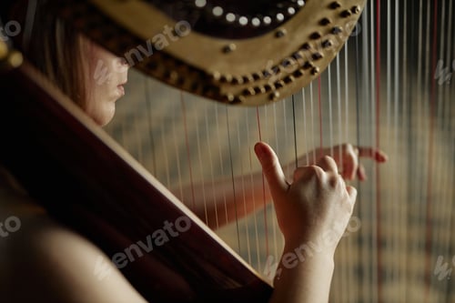 Preview: Hands of Woman Playing Harp Plucking Strings Softly during Performance Indoors
