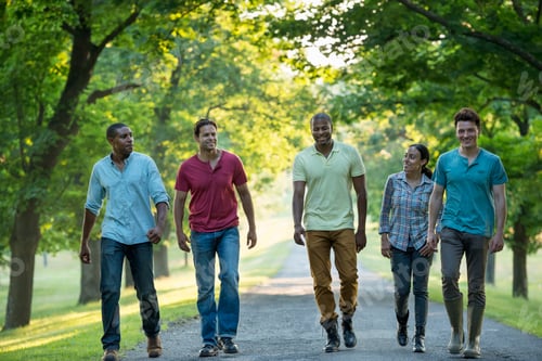 Preview: Five people walking down a tree lined avenue in the countryside.
