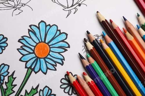 Preview: Child's colored drawing with pencils, flat lay