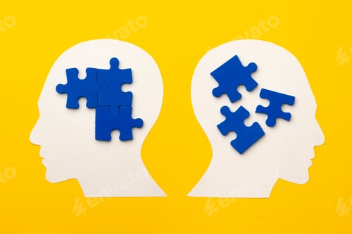 Preview: Papercut head silhouette with puzzle pieces on yellow background