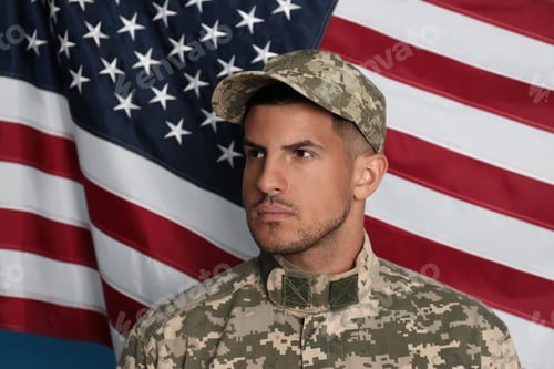 Preview: Soldier in uniform and United states of America flag on background
