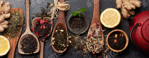 Preview: Various dried tea in wooden spoons