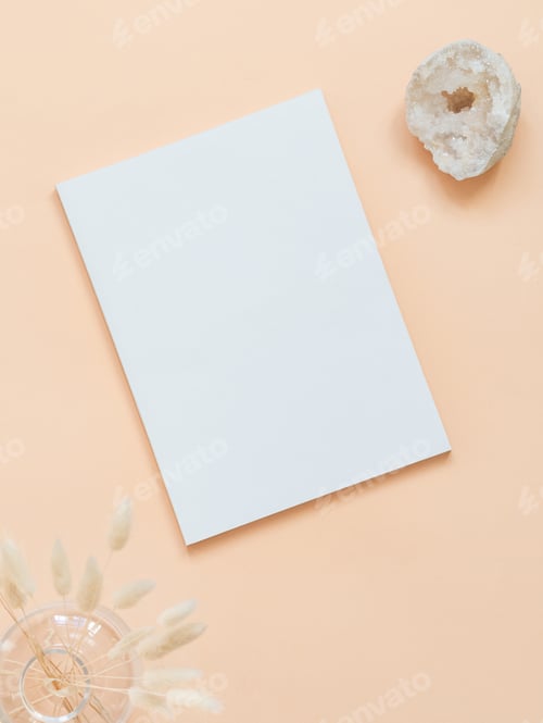 Preview: Empty blank white magazine or catalog cover layout, vase and dried grass and white crystal