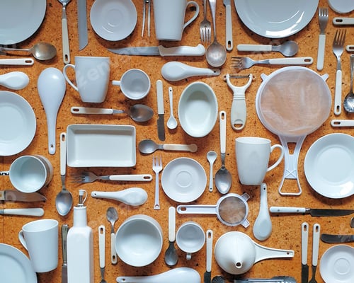 Preview: Full frame,white colour kitchen cutlery and utensils flat lay
