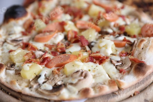Preview: Pizza Sausage Bacon And Pineapple On Wooden , Pizza Hawaiian