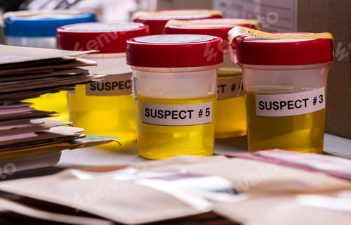 Preview: Various containers with human urine, crime lab, murder suspects labelled on each, conceptual image