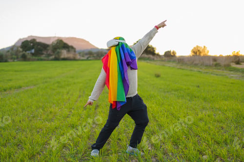 Preview: Man dancing with virtual reality glasses and an LGBT flag in a field at sunset