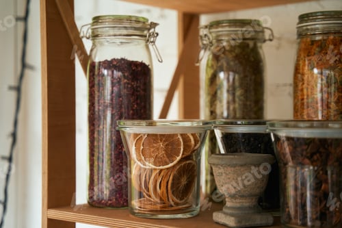 Preview: Jars with dried flowers and fruit on shelf in market