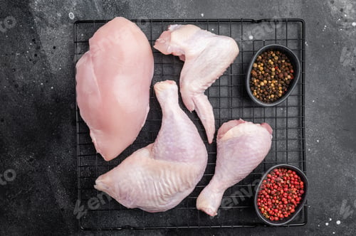Preview: Assortment of fresh raw chicken meat on a metal rack over a textured black surface.