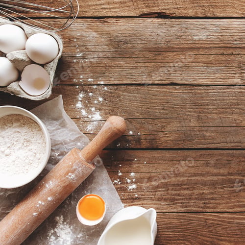 Preview: Baking concept flat lay. Ingredients, kitchen utensils, wooden background