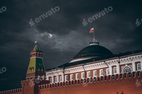 Preview: Dark night shot of Russian Kremlin: Senate dome, tower, wall