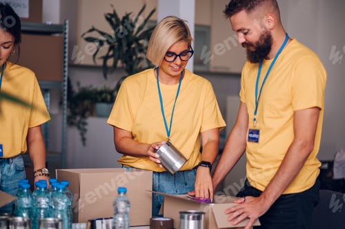 Preview: Group of volunteers working in community charity donation center