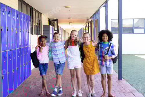 Visualização: Retrato de cinco crianças felizes e diversas com braços em volta dos ombros no corredor da escola