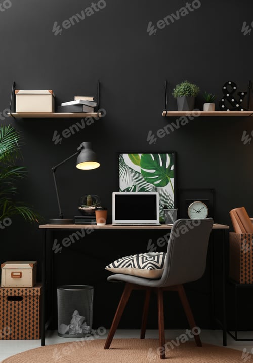 Preview: Comfortable workplace with modern laptop on desk. Home office