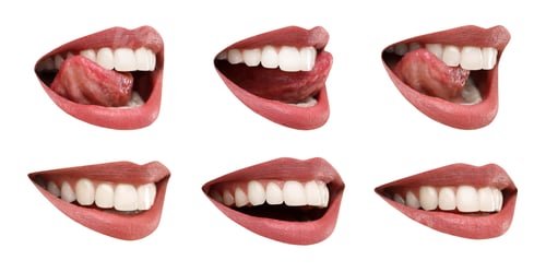 Preview: Beautiful female lips with bright makeup on white background, collage of photos