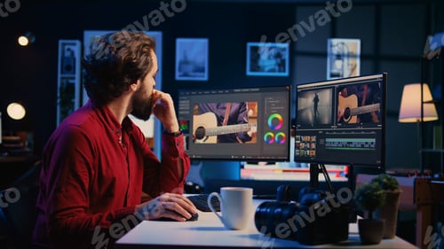 Preview: Videographer assembling recorded footage into finished project, panning shot