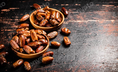 Preview: Delicious dates on a wooden plate.