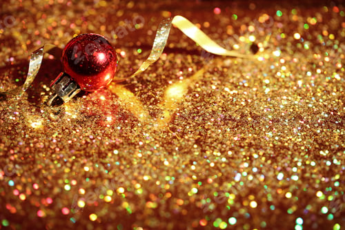 Preview: Golden glitter, Christmas ball and streamer on color background