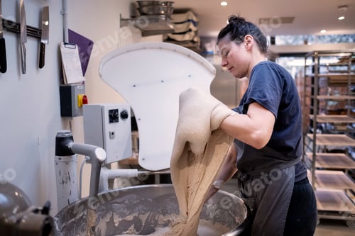 Preview: Woman wearing apron standing in an artisan bakery, working with sourdough.