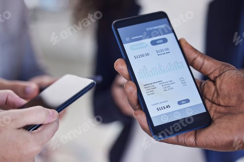 Preview: Screen, phone and hands for stock market, trading and cryptocurrency mobile app, fintech or digital