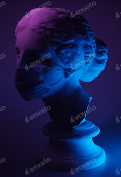Preview: Dark and conceptual image of a female bust in greek style with mask