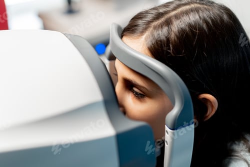 Preview: close-up in an ophthalmology clinic a little girl diagnoses vision with a red light machine