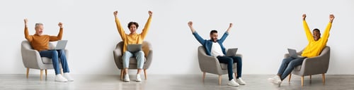 Preview: Collage With Happy Men Celebrating Success With Laptops While Sitting In Armchairs