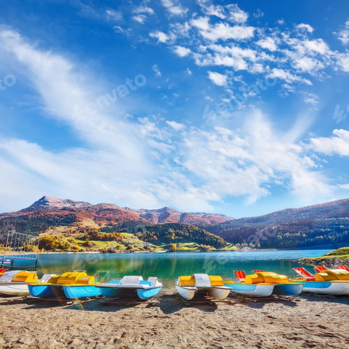Preview: Picturesque autumn view of San Valentino village and Muta or Haidersee lake.