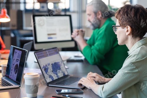 Preview: Businesswoman working with charts on laptop
