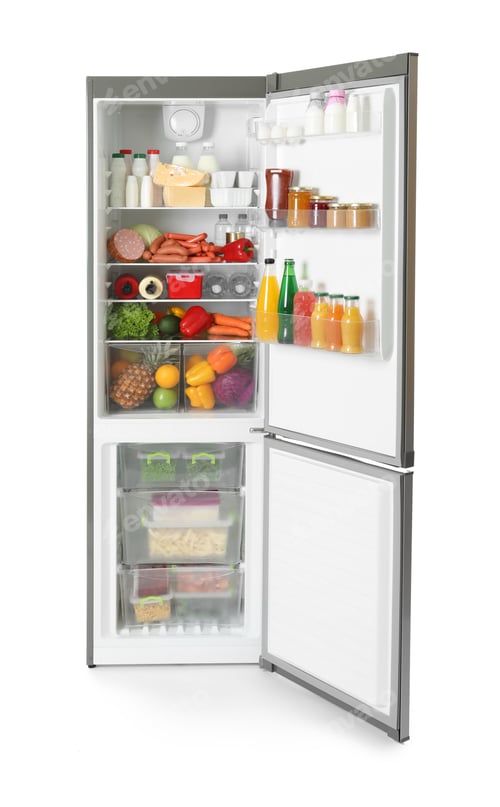 Preview: Open refrigerator with many different products on white background