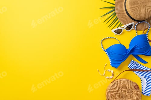 Preview: Dream trip concept. Top view photo of straw hat and small bag, blue swimsuit, sunglasses and shell