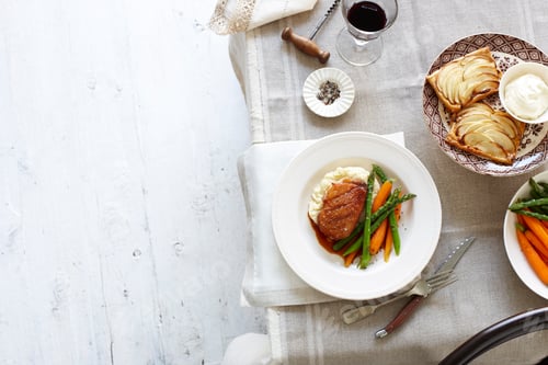 Preview: Overhead view of table meal with plates of duck breast, carrots, asparagus and mashed potato, and