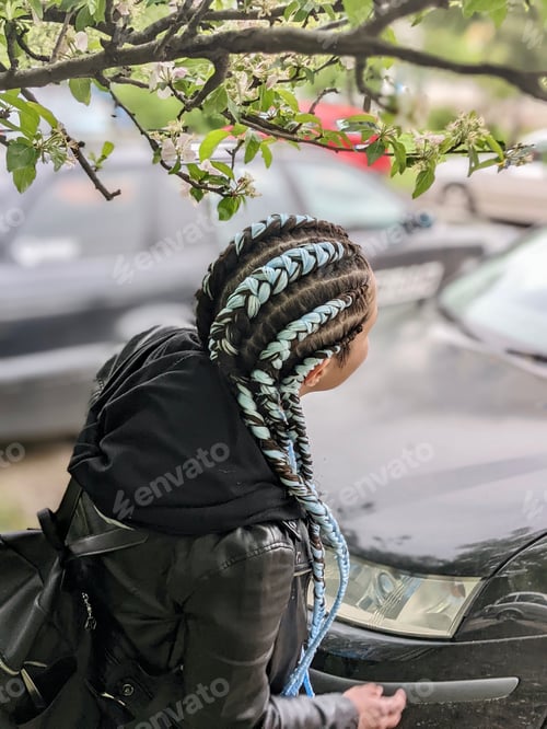 Preview: A girl with blue braids looking away || Cold weather || Beautiful hairstyle || Car || Candid