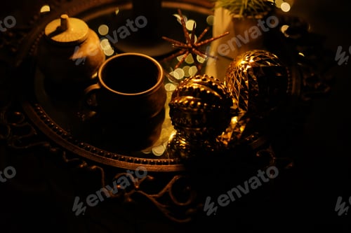 Preview: New Year 2022. interior with candles, bulbs and bokeh. Room decorated to celebration. Christmas tree