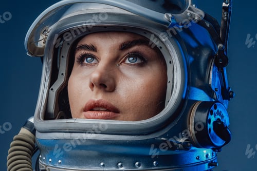 Preview: Female modern cosmonaut in spacesuit and helmet