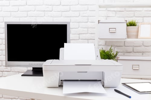 Preview: Home office setup with a printer, computer monitor, and organization essentials on a modern desk