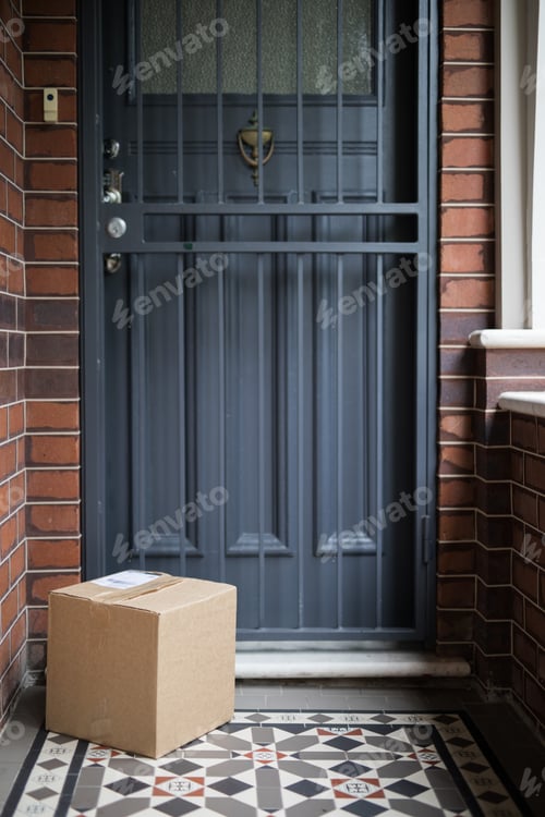Cardboard Package on Porch by Gray Security Door