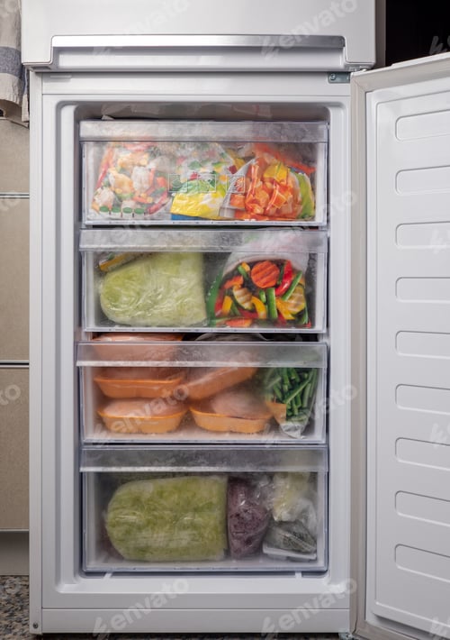 Preview: Opened freezer refrigerator with frozen meal