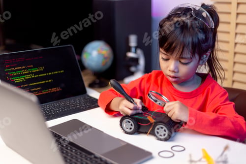 Preview: Asia students learn at home in coding robot cars and electronic board cables in STEM,