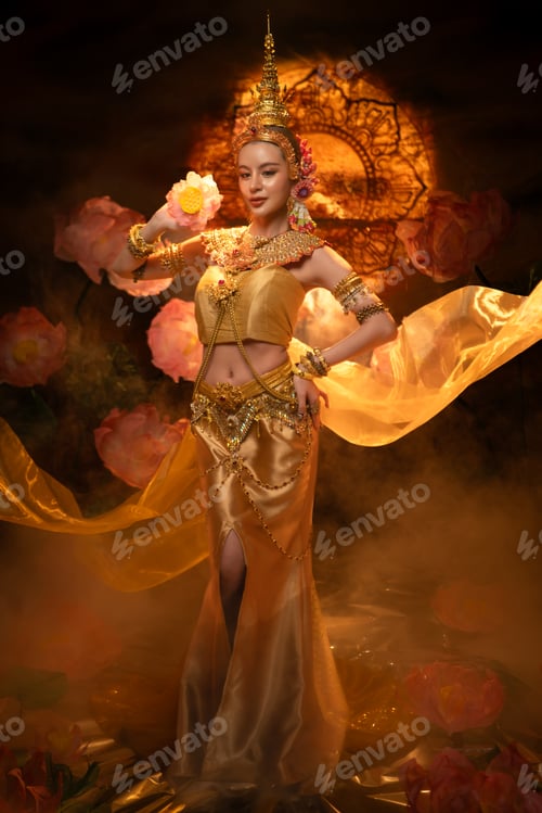 Preview: A beautiful woman in traditional Thai costume performing a classical dance