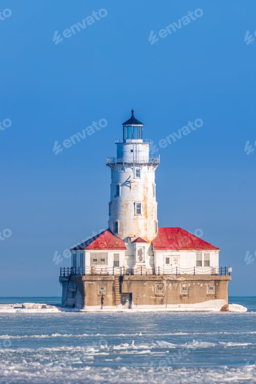 Preview: Vertical shot of Chicago Harbor Light in winter. Chicago, USA