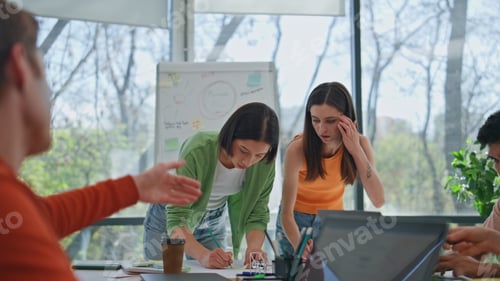 Preview: Creative startupers brainstorming business office. Coworkers discussing project