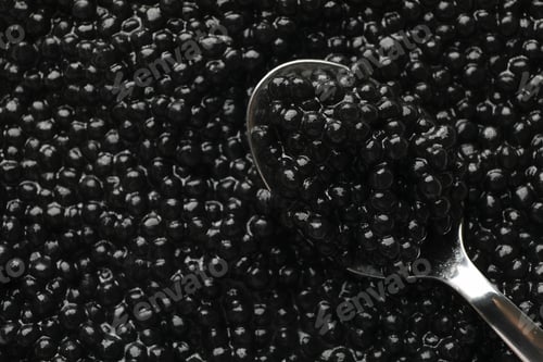 Preview: Fresh black caviar and spoon on whole background, close up